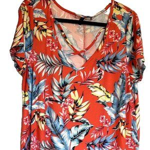 Womens Tropical Print Dress 1X Loose Fit V-neck Vacation House Lounge YMI Pullon